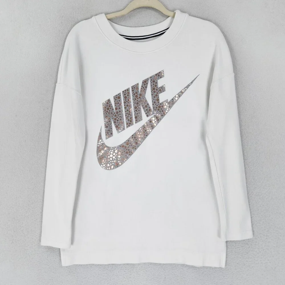 Nike Sweater Womens Small White Rally Metallic Crew Neck Sweatshirt Swoosh - Picture 1 of 12